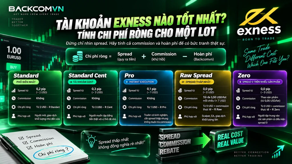 Hình minh họa cách tính chi phí ròng của các loại tài khoản Exness với lệnh 1 lot EURUSD, gồm spread quy ra USD, commission khứ hồi và hoàn phí Exness, giúp so sánh Standard, Standard Cent, Pro, Raw Spread và Zero trên cùng một cơ sở.