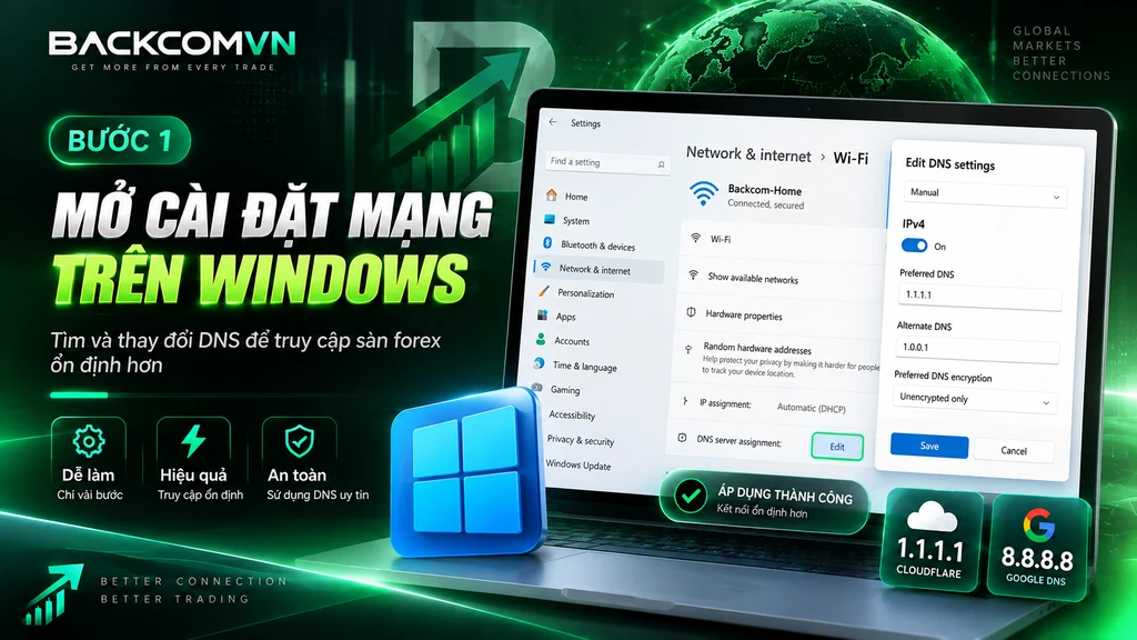 Ảnh minh họa cách đổi DNS trên Windows khi sàn forex bị chặn, hướng dẫn người dùng mở cài đặt Network & Internet, tìm mục DNS và chuyển từ chế độ tự động sang thủ công.