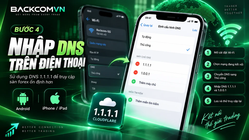Ảnh minh họa cách đổi DNS trên Android hoặc iPhone bằng DNS 1.1.1.1 của Cloudflare, gồm địa chỉ chính 1.1.1.1 và địa chỉ phụ 1.0.0.1 để xử lý lỗi truy cập ở tầng DNS.