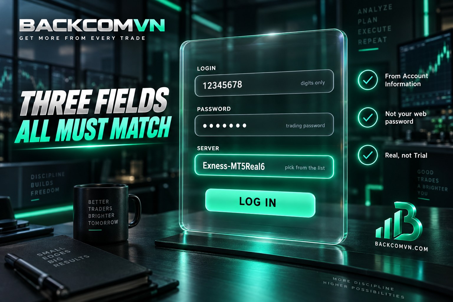 MT5 login screen showing the account number, trading password and server fields