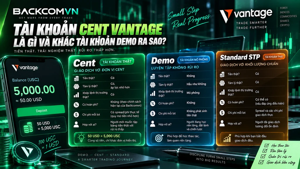 Hình minh họa tài khoản Cent Vantage với ví dụ 50 USD tương đương 5.000 USC, đồng thời so sánh Cent, Demo và Standard STP về tiền thật, tâm lý giao dịch, khớp lệnh và mục đích sử dụng.