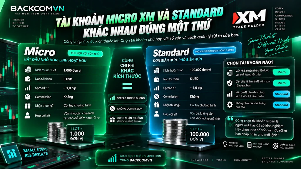 Hình minh họa sự khác nhau giữa tài khoản Micro XM và Standard, tập trung vào kích thước lot 1.000 đơn vị so với 100.000 đơn vị. Micro phù hợp khi cần chia khối lượng nhỏ để kiểm soát rủi ro, còn Standard phù hợp khi giao dịch với kích thước lot tiêu chuẩn.