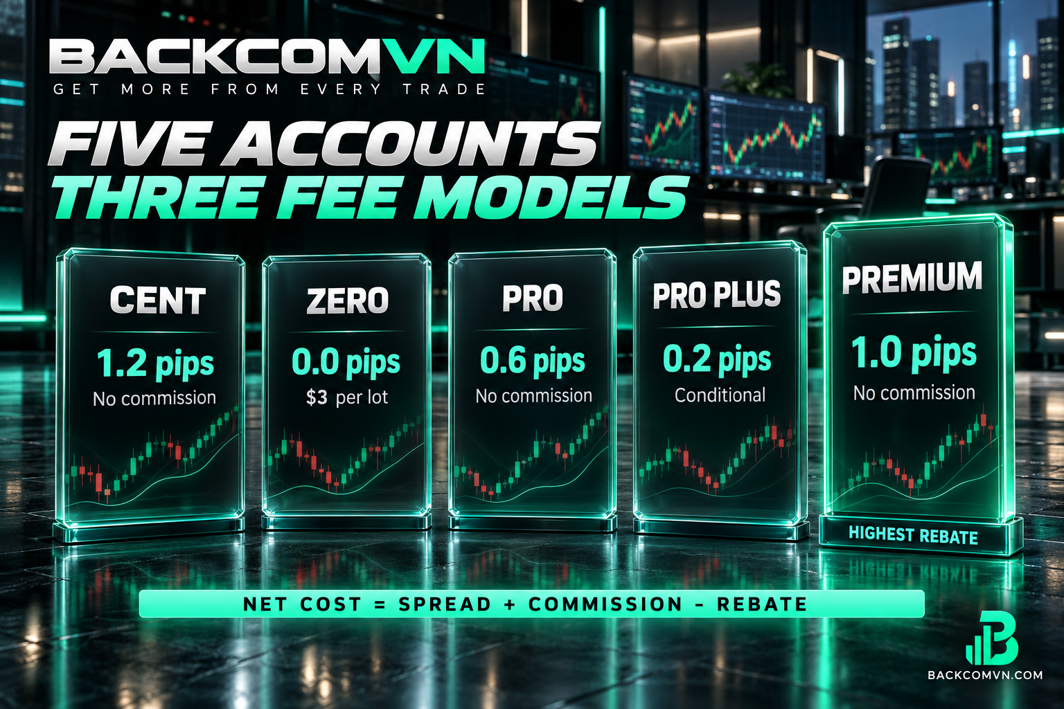 Five HFM account types with the spread and commission of each