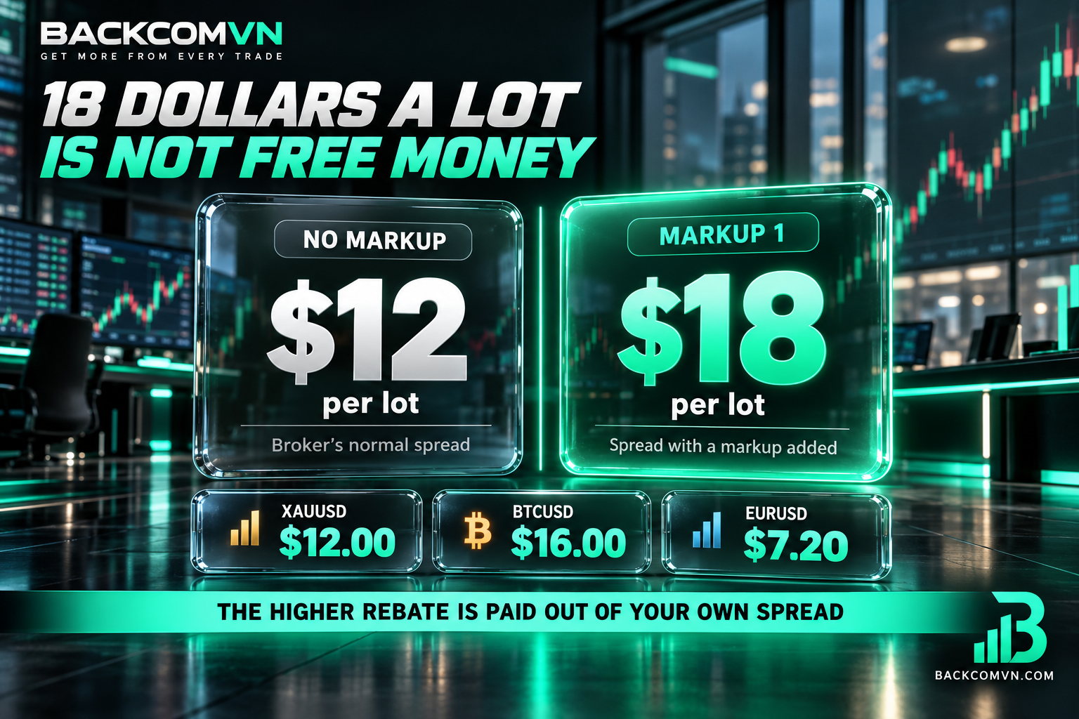 HFM rebate options compared: No Markup at 12 USD and Markup at 18 USD per lot