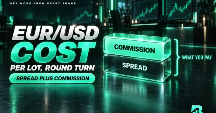 Chi phí mỗi lot EUR/USD khứ hồi gồm spread cộng commission