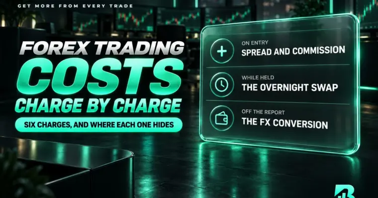Chi phí giao dịch forex gồm sáu khoản: spread và commission khi vào lệnh, swap khi giữ, phí tỷ giá khi nạp rút