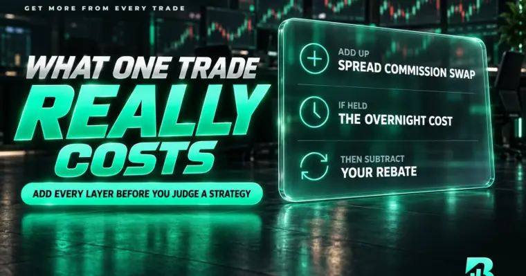 Cách tính tổng chi phí một lệnh forex: cộng spread, commission, swap rồi trừ hoàn phí