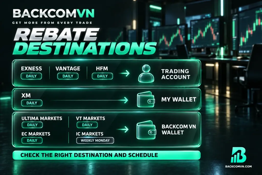 Sơ đồ phân nhóm tám sàn theo tài khoản hoặc ví nhận hoàn phí, với nhãn trả hằng ngày và riêng IC Markets trả vào thứ hai.
