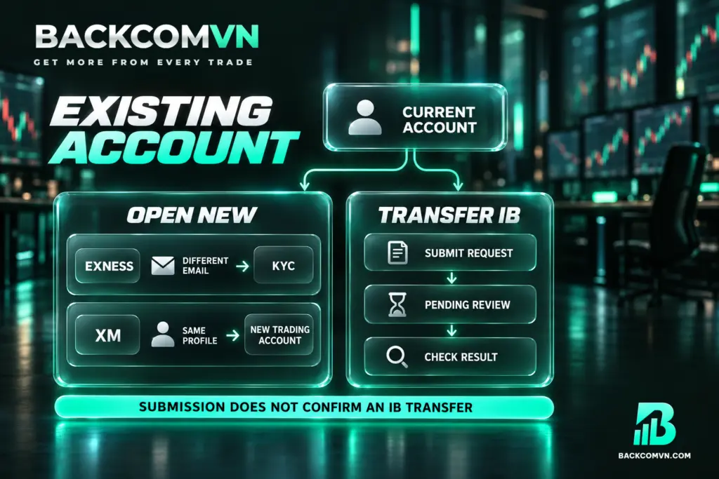 Tài khoản hiện có phân thành hướng mở mới với ví dụ Exness và XM, hoặc hướng chuyển IB qua gửi yêu cầu và kiểm tra kết quả.