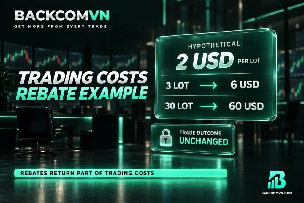 Hai hàng minh họa mức hoàn giả định 2 USD mỗi lot, tương ứng 3 lot nhận 6 USD và 30 lot nhận 60 USD, tách biệt với kết quả giao dịch.
