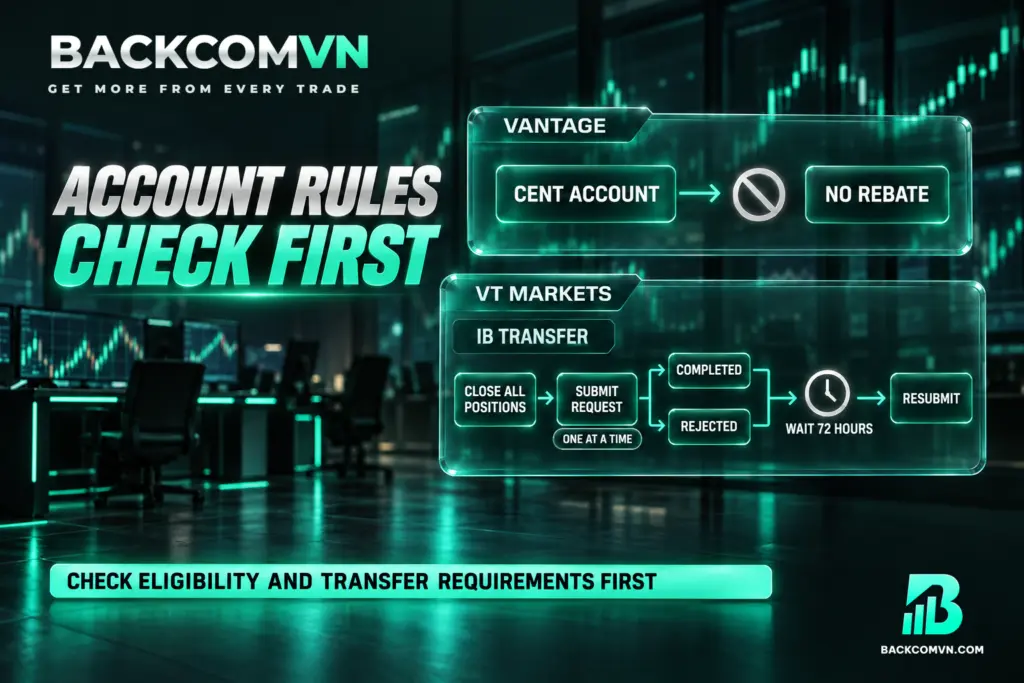 Thẻ Vantage cho biết tài khoản Cent không được hoàn phí; sơ đồ VT Markets thể hiện yêu cầu đóng vị thế, gửi từng đơn và chờ 72 giờ sau kết quả trước khi nộp lại.