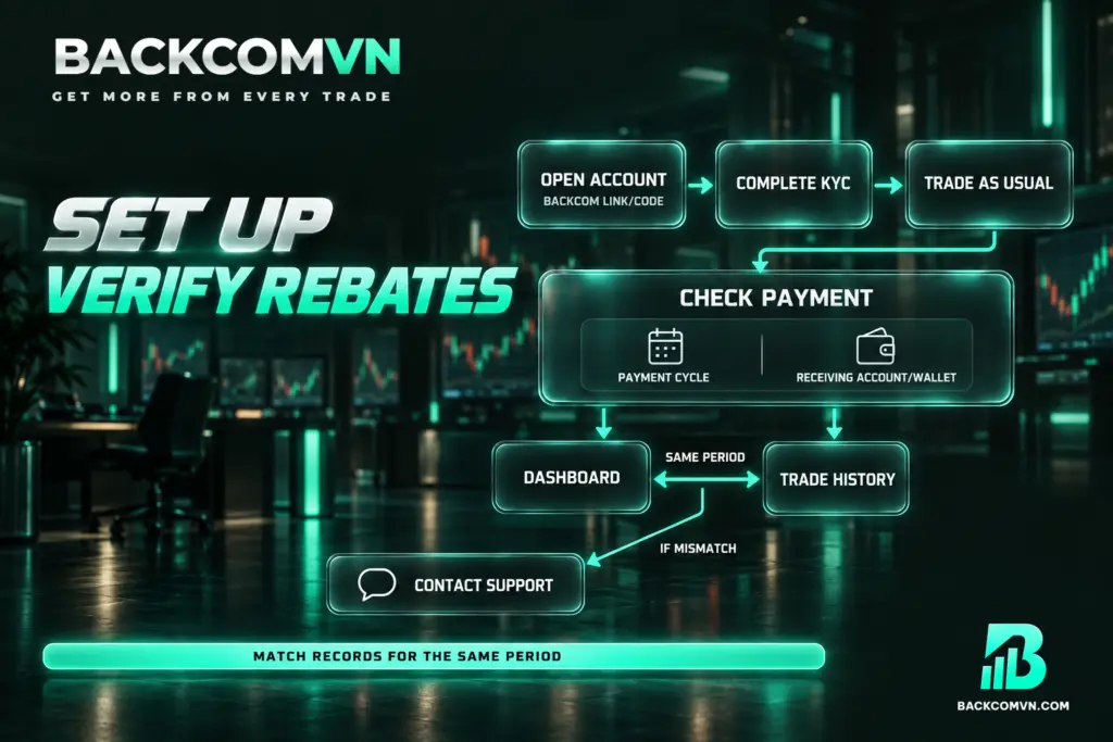 Quy trình mở tài khoản qua link hoặc mã Backcom, hoàn tất KYC, giao dịch bình thường và đối chiếu dashboard với lịch sử lệnh cùng kỳ.