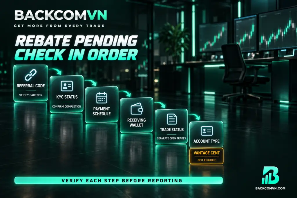 Sơ đồ kiểm tra lần lượt mã giới thiệu, KYC, lịch xử lý, nơi nhận tiền, trạng thái lệnh và loại tài khoản.