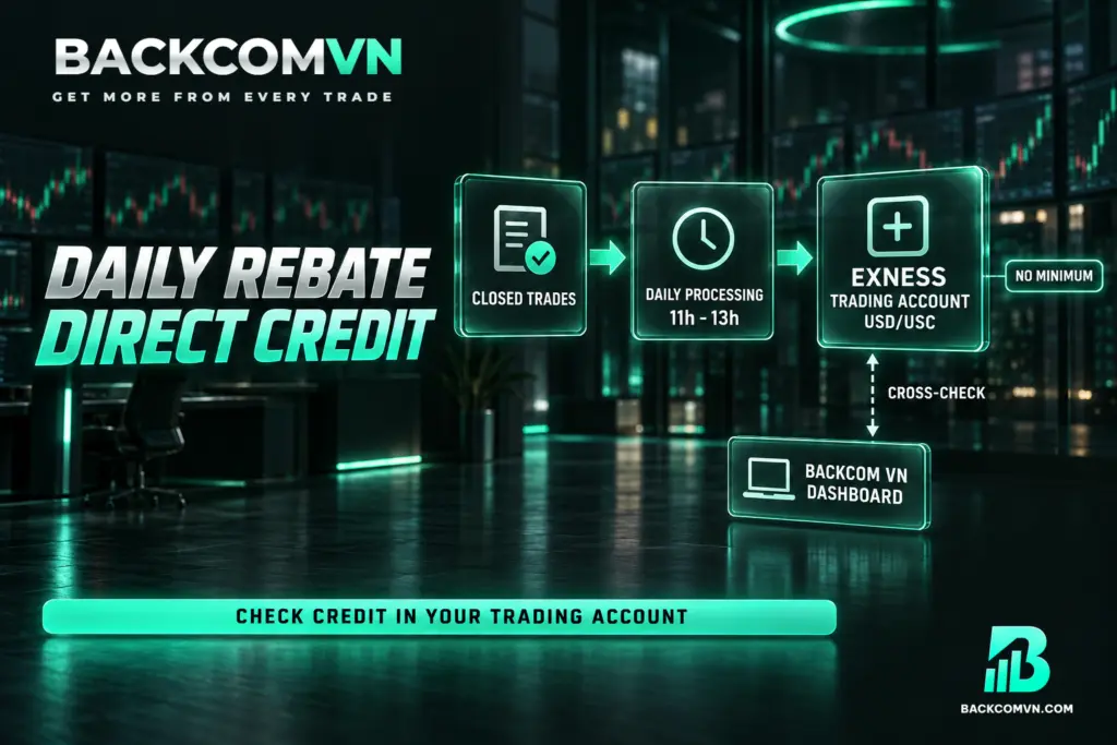 Sơ đồ đưa lệnh đã đóng qua khung xử lý hàng ngày đến tài khoản giao dịch Exness, với dashboard Backcom VN nằm riêng để đối chiếu.