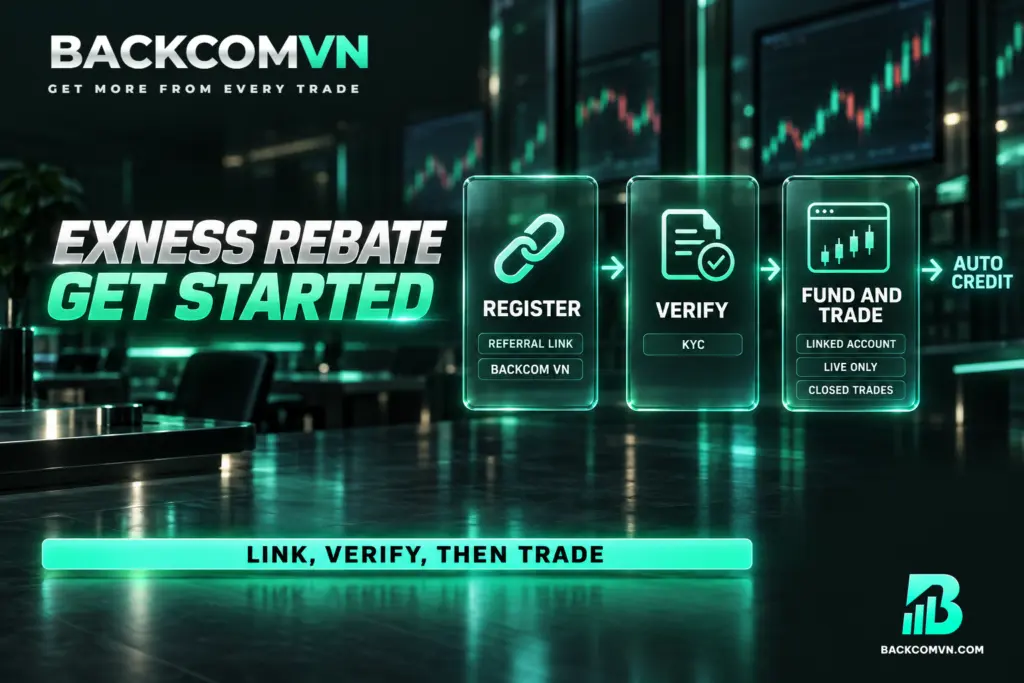 Ba tấm kính nối tiếp thể hiện đăng ký qua liên kết đối tác, hoàn tất KYC rồi nạp tiền và giao dịch trên tài khoản live đã liên kết.
