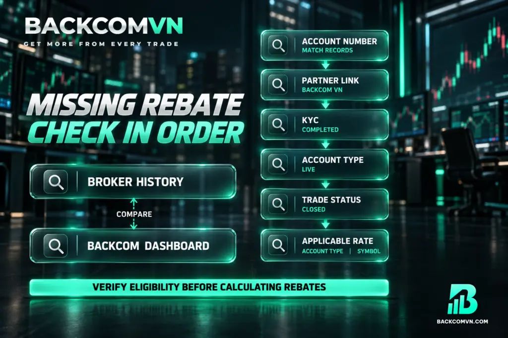 Sáu thẻ kiểm tra nối theo thứ tự từ số tài khoản, đối tác, KYC, tài khoản live và lệnh đã đóng đến mức hoàn áp dụng.