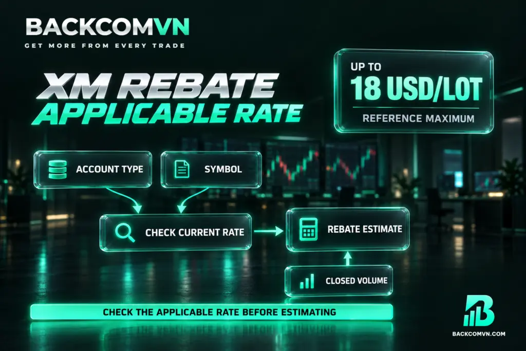A reference card showing up to 18 USD per lot sits beside a diagram for checking account type, product and applicable rate before estimating rebates from closed trade volume.