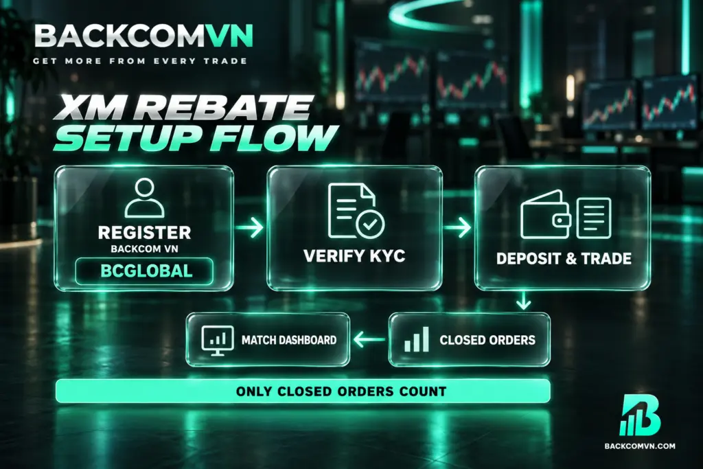 Three connected glass panels show registration through Backcom VN with code BCGLOBAL, KYC verification and funding for trading, followed by a check of closed trades.