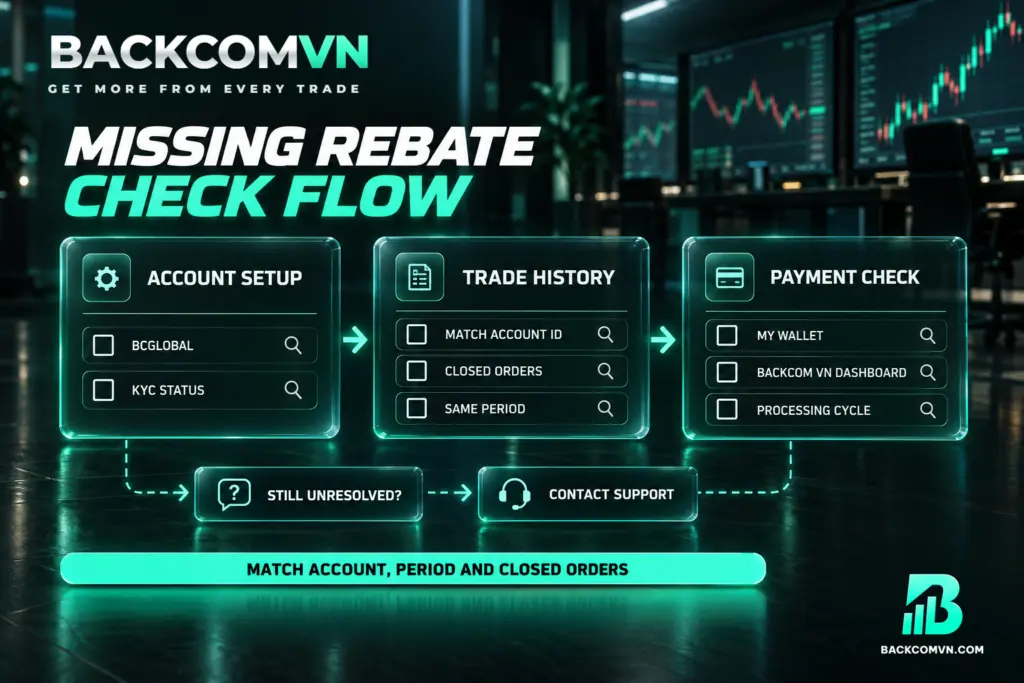 Three glass panels outline checks of referral details and KYC, the correct account and closed trades, followed by the wallet and payment cycle.