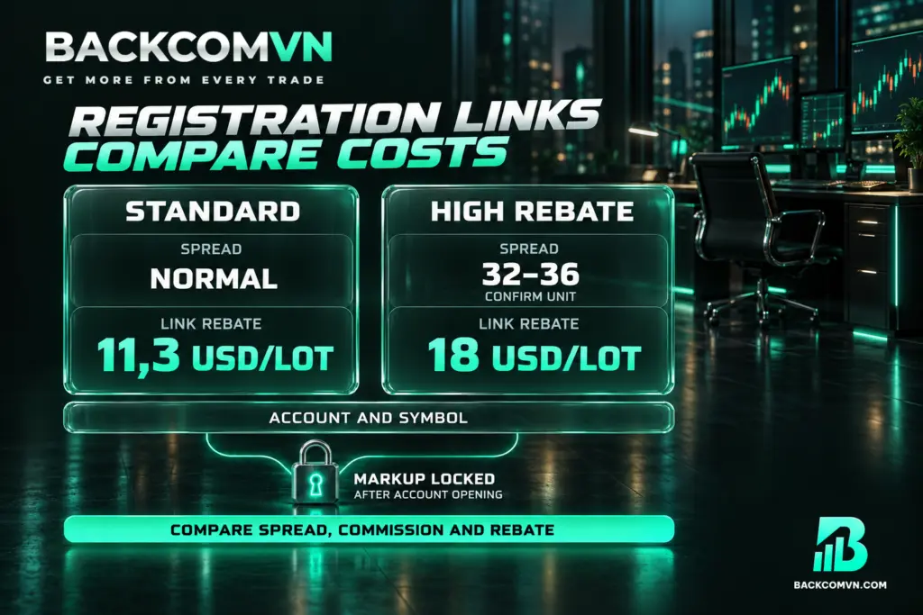 Hai thẻ so sánh link Standard có spread bình thường và mức hoàn 11,3 USD/lot với link hoàn cao có spread 32–36 và mức hoàn 18 USD/lot.