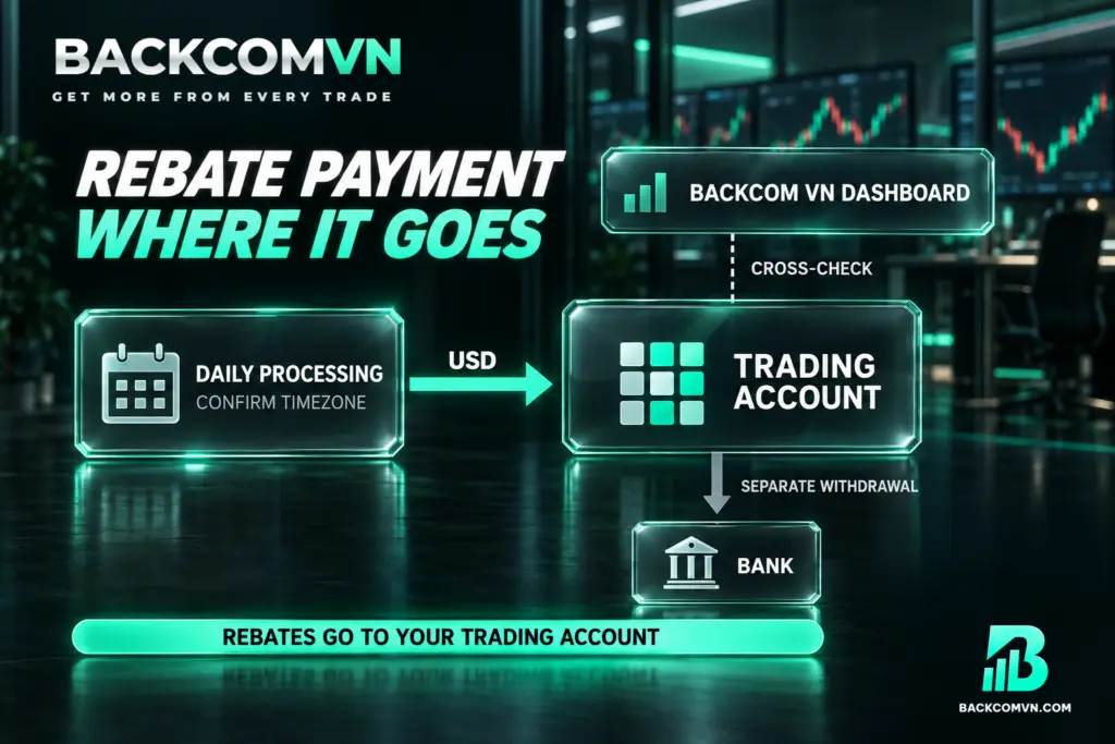 Luồng xử lý hoàn phí hằng ngày bằng USD đi vào tài khoản giao dịch, còn dashboard được nối bằng nét đứt để thể hiện chức năng đối chiếu.