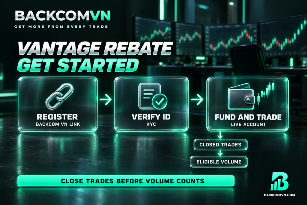 Sơ đồ nối các bước đăng ký qua link Backcom VN, xác minh danh tính và giao dịch trên tài khoản live, kèm điều kiện đóng lệnh để tính khối lượng.