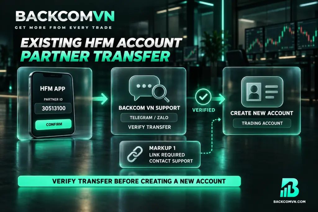 Các tấm kính nối tiếp mô tả nhập mã đối tác 30513100 trong ứng dụng HFM, nhờ Backcom VN kiểm tra chuyển thành công rồi tạo tài khoản giao dịch mới.