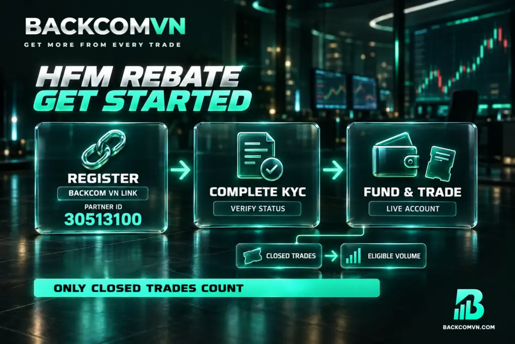 Ba tấm kính nối tiếp mô tả đăng ký HFM qua link Backcom VN, hoàn tất KYC, rồi nạp tiền và giao dịch trên tài khoản live.