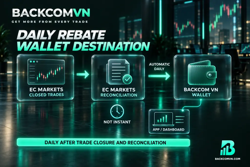 Luồng từ lệnh đã đóng qua đối soát của EC Markets tới Ví Backcom VN, kèm nhãn thanh toán tự động hằng ngày và nơi kiểm tra trên ứng dụng.