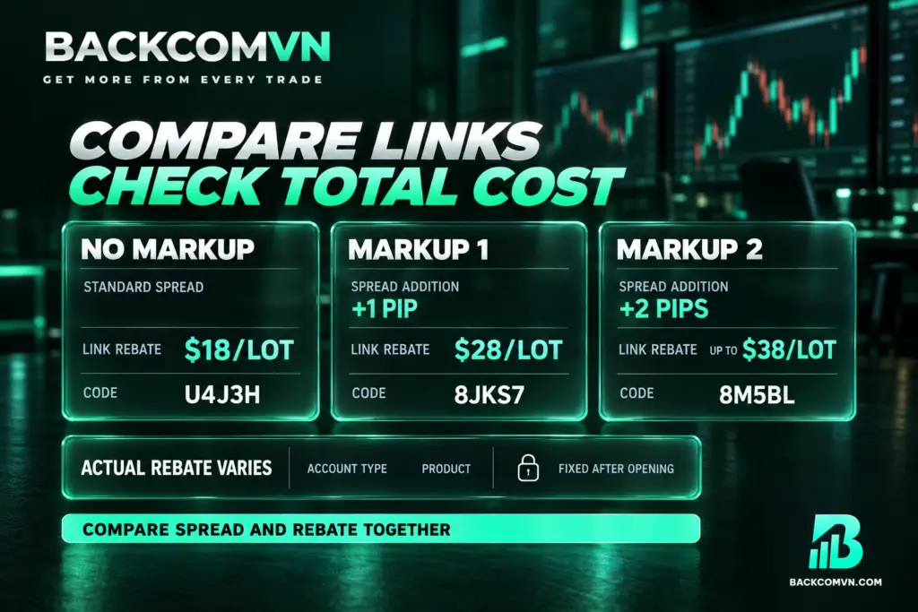 Ba thẻ đối chiếu No Markup, Markup 1 và Markup 2 theo spread, mức hoàn theo link và mã đăng ký tương ứng.
