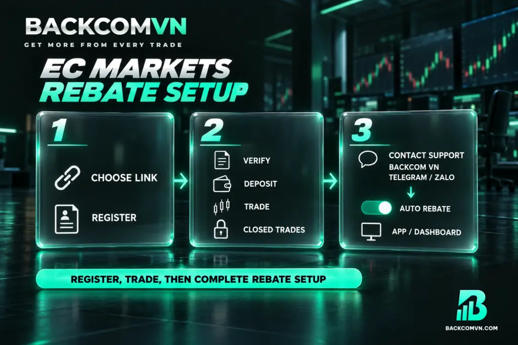 Ba tấm kính nối tiếp mô tả việc chọn link đăng ký, xác minh và giao dịch, rồi liên hệ Backcom VN để thiết lập hoàn phí tự động.