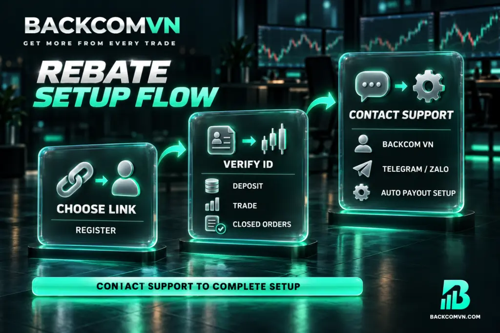 Ba tấm kính nối tiếp mô tả chọn link và đăng ký, xác minh và giao dịch, rồi liên hệ Backcom VN để thiết lập trả tự động.