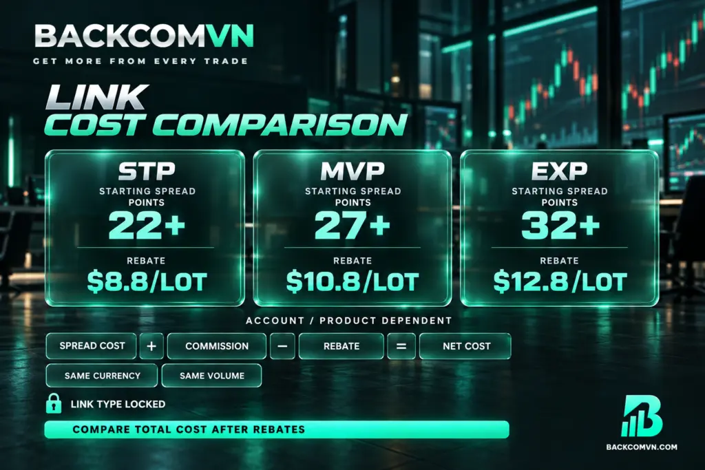 Ba cột STP, MVP và EXP đối chiếu spread khởi điểm cùng mức hoàn theo lot, bên dưới là công thức tính chi phí sau hoàn.