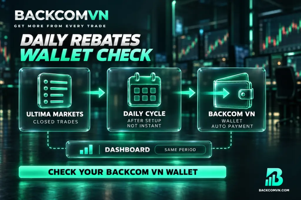 Sơ đồ nối lệnh đã đóng qua chu kỳ thanh toán hằng ngày tới ví Backcom VN, với dashboard đối chiếu lịch sử cùng kỳ.
