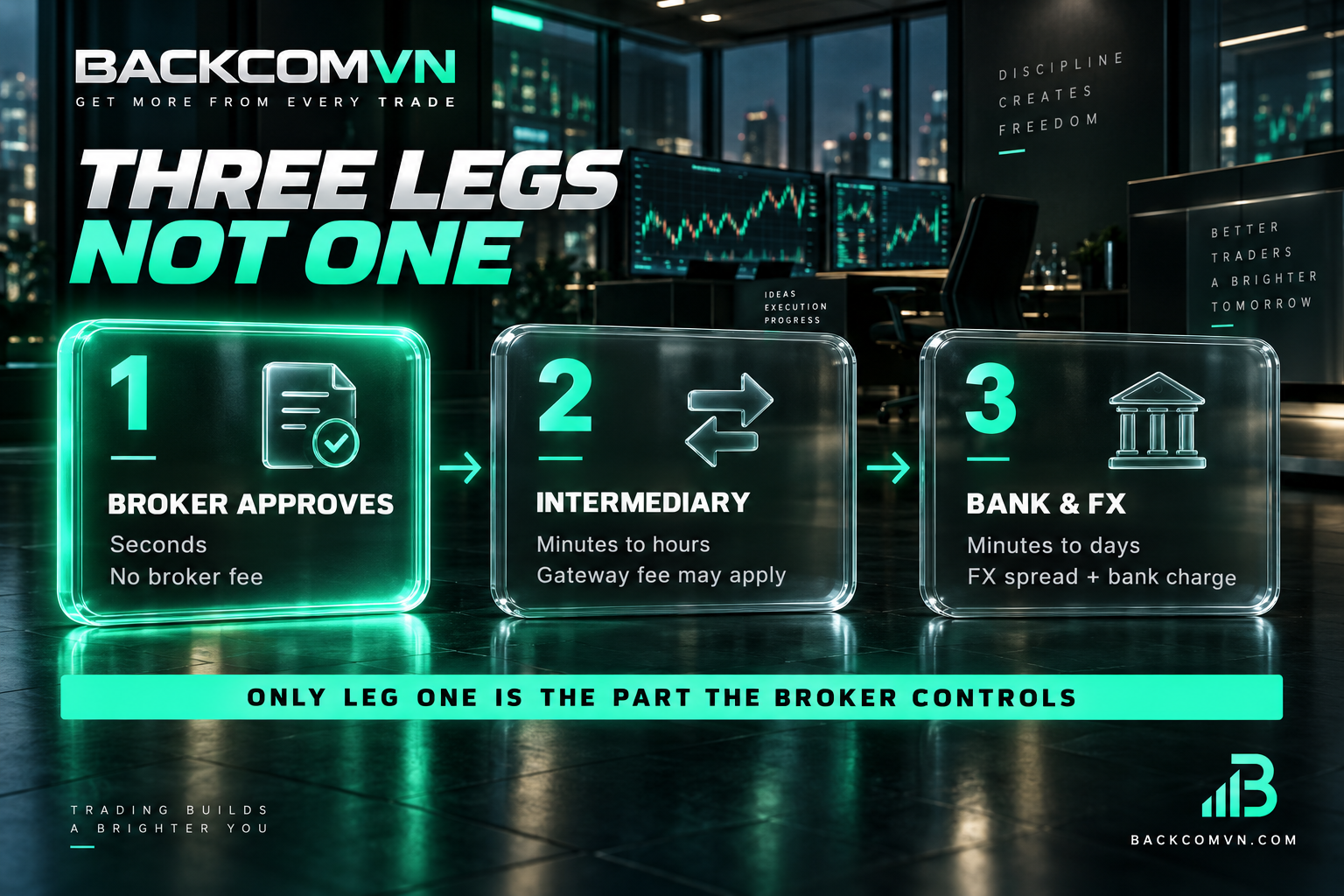 The three legs of an Exness withdrawal, from broker to bank