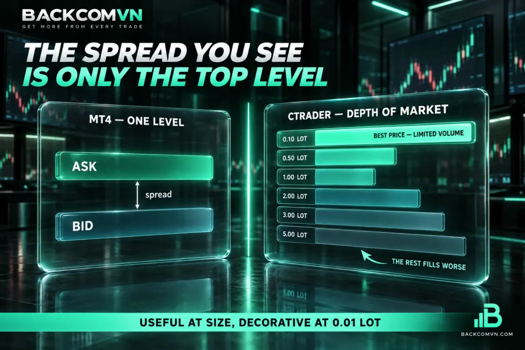 Sổ lệnh cTrader cho thấy spread chỉ áp dụng cho khối lượng ở mức giá tốt nhất