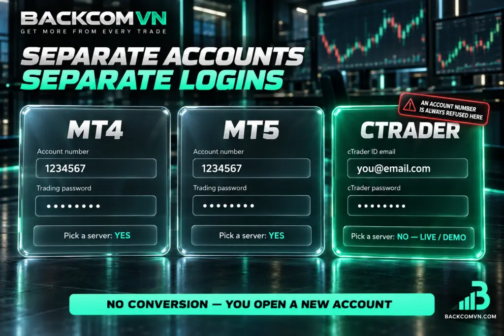 cTrader đăng nhập bằng email cTrader ID, MetaTrader bằng số tài khoản
