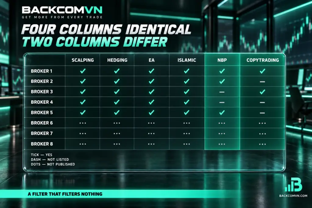 Eight brokers compared on scalping, hedging, EAs, Islamic accounts, NBP and CopyTrading
