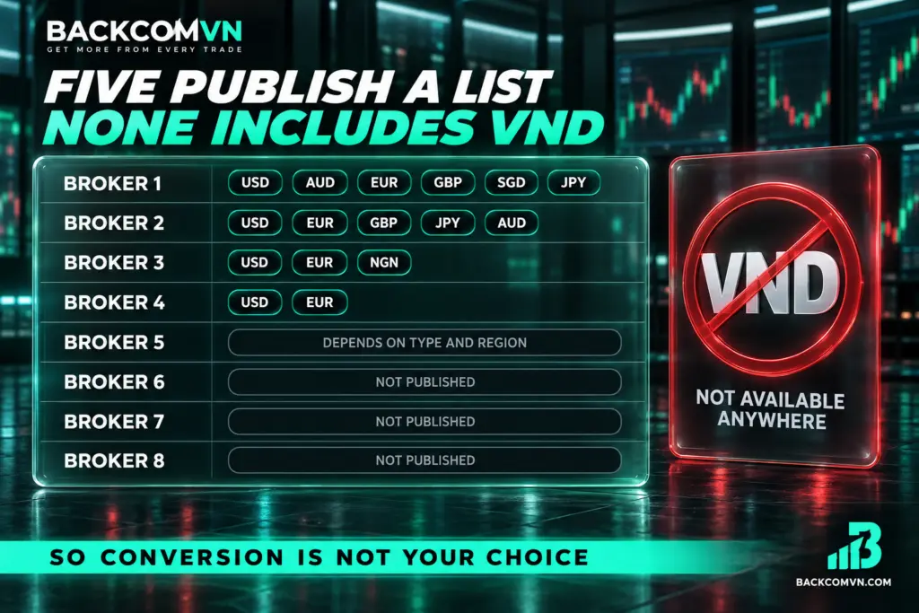 Đồng tiền tài khoản của tám sàn forex, không sàn nào có VND